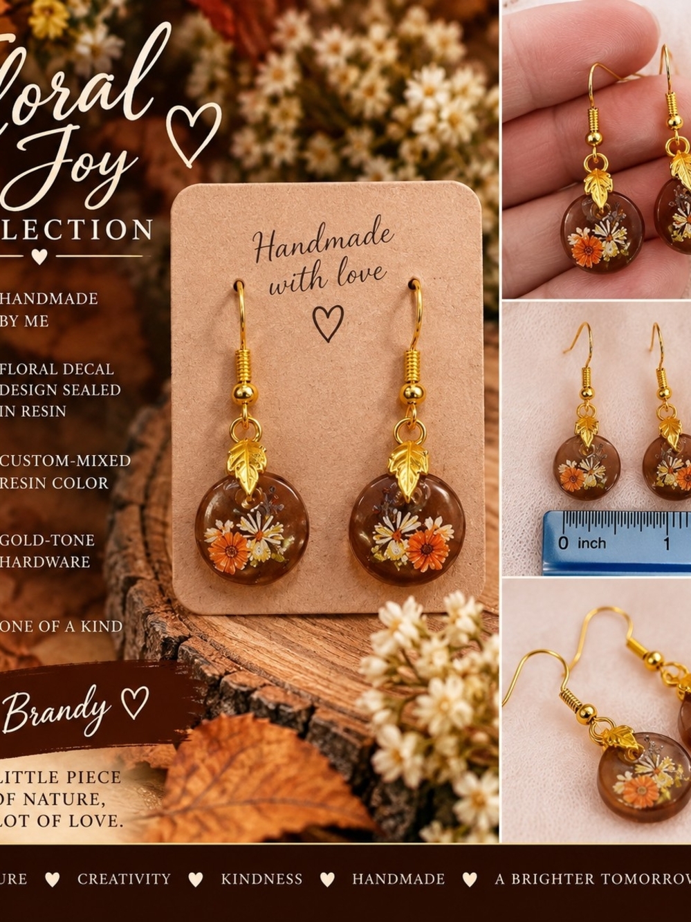 Handmade Floral Resin Drop Earrings | Custom Brown Resin | Gold Tone